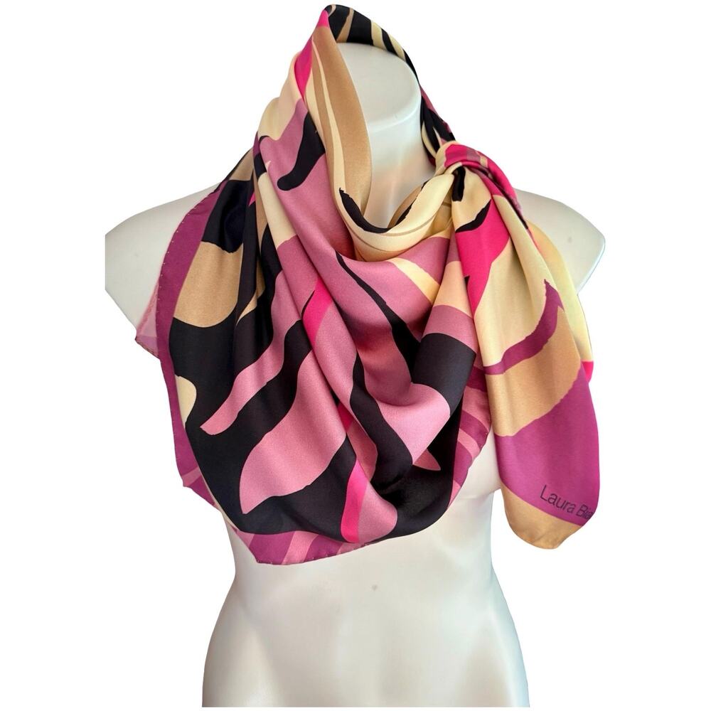 Vintage Laura Biagiotti Silk Scarf 80s Pink Black Abstract Made in Italy 34”